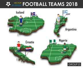 national soccer teams 2018 group d . football player and flag on 3d design country map . isolated ba