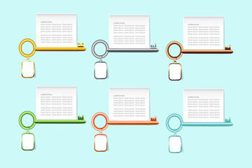 Sticker - The infograph of six colorful keys with a hanging tag and blank white rectangle labels above them ready for your text.