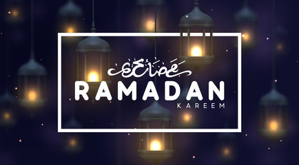 Wall Mural - Ramadan greeting card with arabic calligraphy Ramadan Kareem. Realistic old Arabic lamps lanterns with shiny fire hanging on dark background. Islamic holiday vector banner