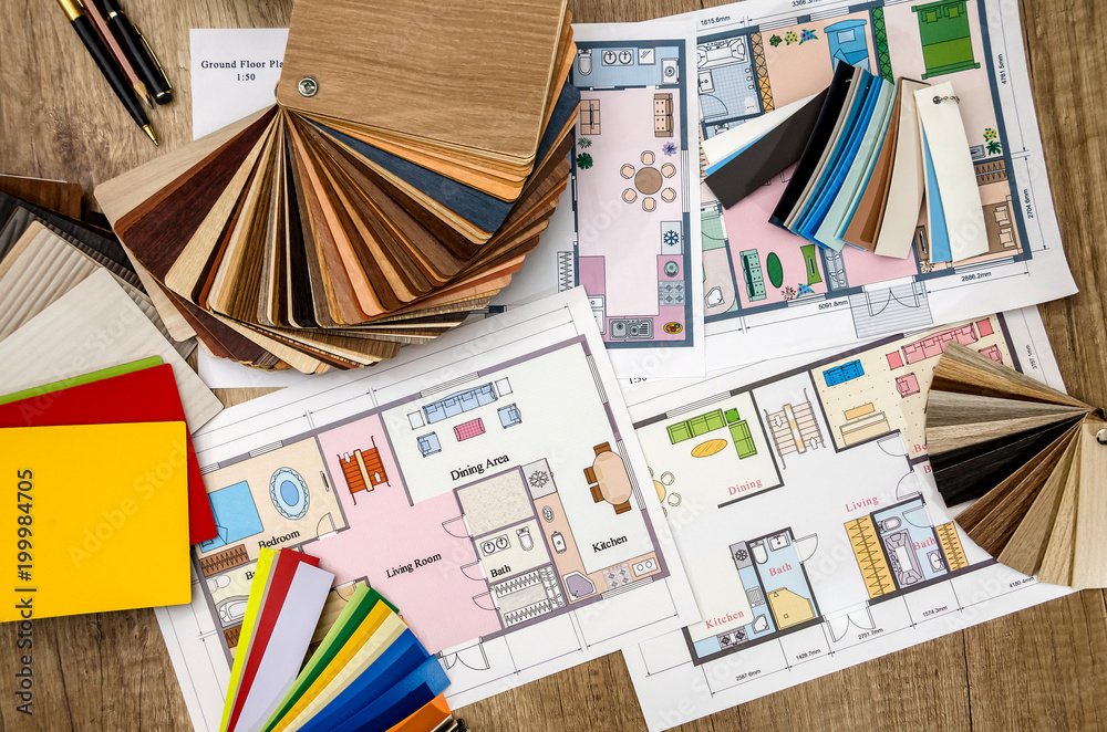 Plan Design Color concept, home plan and color palette Stock Photo | Adobe Stock