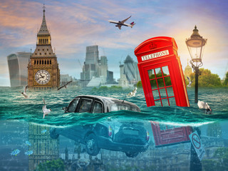 Wall Mural - Drowning London. Surreal conceptual artwork. Photo manipulation. An idea for your cover, advertising, illustration.