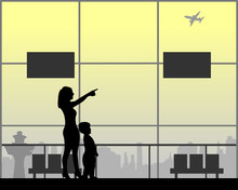 Mother Shows The Son The Plane Flying At The Airport, One In The Series Of Similar Images Silhouette