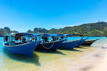 Traditional Wooden Taxi Boats At The Beautiful Tanjung Rhu Beach Of Langkawi Island, Malaysia