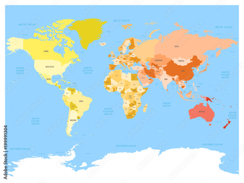World map atlas. Colored political map with blue seas and oceans ...