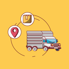 Poster - cargo truck with box and location pin over yellow background, free delivery concept, colorful design. vector illustration