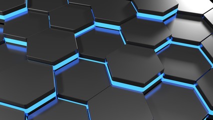 Poster - Hexagonal technological texture with blue lights - 3D rendering