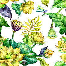 Watercolor Floral Background, Seamless Botanical Pattern, Tropical Leaves, Yellow Lotus Flowers, Fashion Textile Design, Oriental Garden Nature