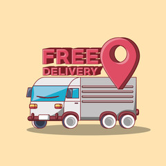 Poster - Free delivery design with cargo truck and location pin over yellow background, colorful design. vector illustration