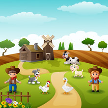The Cowboy And Cowgirl At The Farm With Animals 