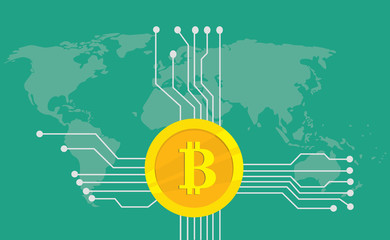 Poster - bitcoin cryptocurrency brand icon option with golden coin and electronic point with world map background