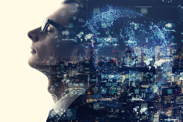 Poster - Double exposure of smart city and silhouette of businessman