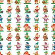 Fairy tale fantastic gnome seamless pattern background dwarf elf character poses magical leprechaun cute fairy tale man vector illustration