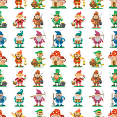 Wall Mural - Fairy tale fantastic gnome seamless pattern background dwarf elf character poses magical leprechaun cute fairy tale man vector illustration