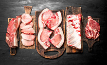 Different Types Of Raw Pork Meat And Beef.