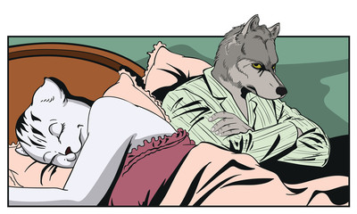 Wall Mural - Man next to a sleeping woman. Pussycat and offended wolf. People in images of animals.