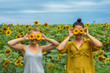 © AnastazjaSoroka - Girls cover the face with flowers of sunflowers. Two friends laugh and play in a field of sunflowers.