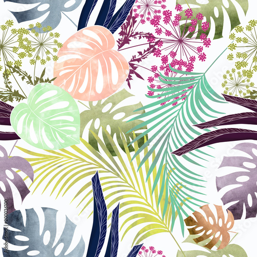 Naklejka na szybę Seamless colorful tropical pattern with watercolor effect.