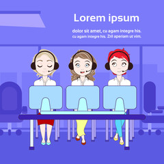 Poster - Technical Support Service Or Telemarketing Call Center Workers Women With Computers Over Copy Space Flat Vector Illustration