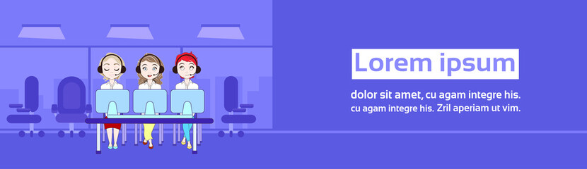 Poster - Technical Support Service Or Telemarketing Call Center Workers Women With Computers Horizontal Banner Flat Vector Illustration