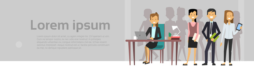 Poster - Group Of Business Peiople Brainstorming Meeting Over Background With Copy Space Horizontal Banner Flat Vector Illustration