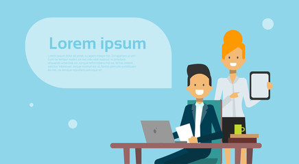 Poster - business man and woman meeting businesspeople brainstorming sit at laptop computer over background w
