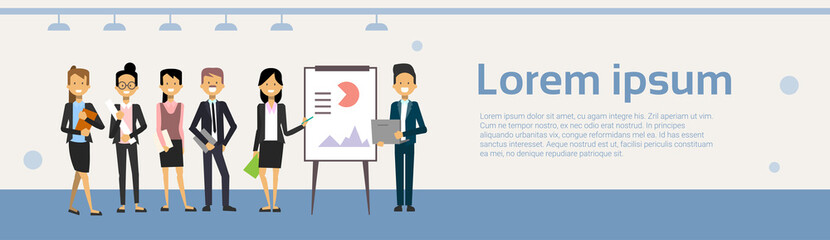 Poster - group of business people leading presentation, training or conference report standing over data on f