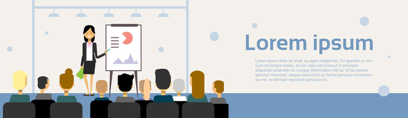 Poster - business woman leading presentation or conference report on team meeting over background with copy s