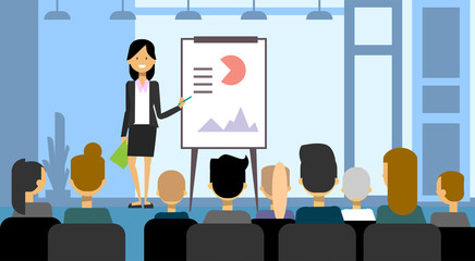 Poster - Business Woman Making Presentation, Training Or Conference Report To Group Of Businesspeople Flat Vector Illustration