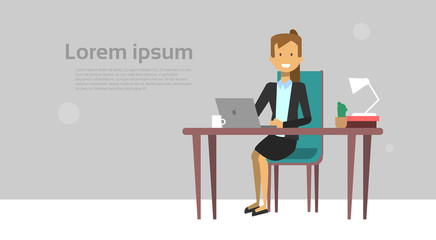 Canvas Print - Modern Business Woman Working On Laptop Computer Sit At Office Desk Over Background With Copy Space Flat Vector Illustration