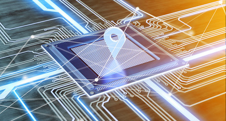 Poster - CPU processor chip and network connection on a circuit board - 3d render