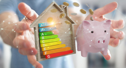 Wall Mural - businessman saving money with good energy chart rating 3d rendering