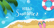 Hello summer illustration with beach scene - sparkling blue sea, palm leaves, flip flops and flowers. Vector illustration in flat style