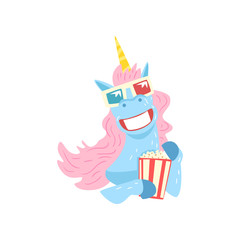 Sticker - Cute funny unicorn character with 3d glasses and popcorn cartoon vector Illustration on a white background