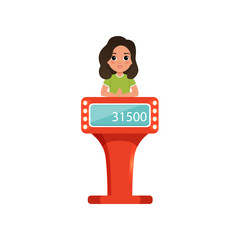 Poster - Cute girl taking part at quiz show, young player answering questions standing at stand with button vector Illustration on a white background