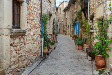  Narrow cobbled street with flowers in the old village Tourrettes-sur-Loup , France.