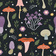 Seamless pattern with whimsical mushrooms