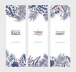 Collection of vertical flyer or banner templates with exotic palm tree leaves or foliage of tropical plants drawn with contour lines against stains on white background. Vector illustration.