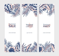 Poster - Collection of vertical flyer or banner templates with exotic palm tree leaves or foliage of tropical plants drawn with contour lines against stains on white background. Vector illustration.