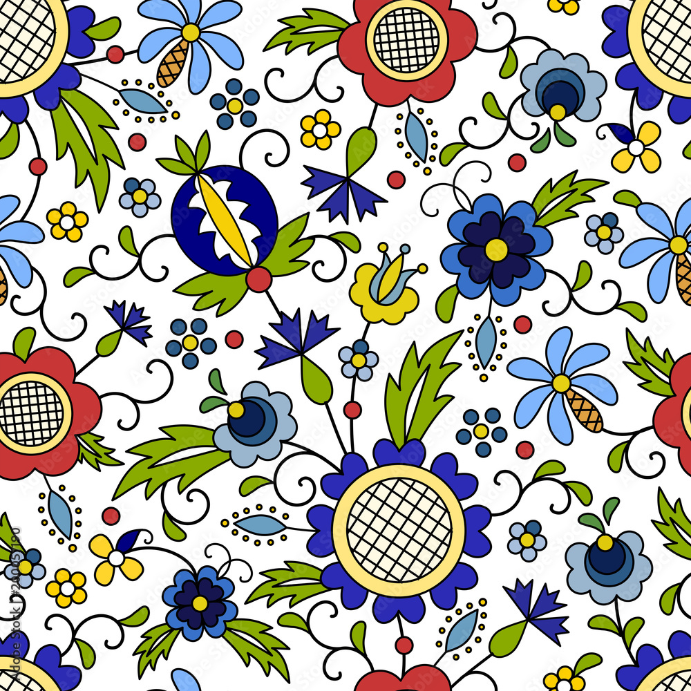 Traditional, modern Polish - Kashubian floral folk pattern vector, wzór kaszubski, wzory kaszubskie - obrazy, fototapety, plakaty 