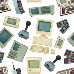Poster - Seamless pattern with different vintage computers and gadgets