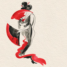 Geisha, Women In Traditional Clothing. Japanese Style, Watercolor Hand Painting Illustration