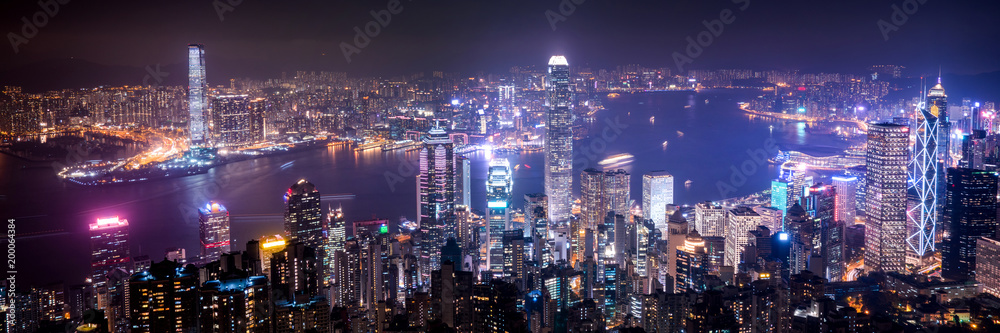 Hong Kong night panoramic view from The Peak view point. - obrazy, fototapety, plakaty 