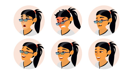 Wall Mural - Asian Woman Avatar Vector. Asiatic Woman Face, Emotions Set. Character Business People. Cartoon Illustration