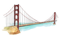 Watercolor Hand Drawn Architecture Sketch Illustration Of Golden Gate Bridge, San Francisco CA USA Isolated On White