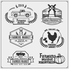 Wall Mural - Set of farmers market emblems, logos and labels. Vector illustration.