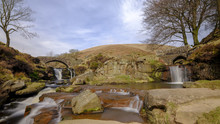 Stitched Panoramic View Of The Packhorse Bridges At Three Shires Head - Where Cheshire, Derbyshire And Staffordshire County Boundaries All Intersect And The River Dane And Black Clough Meet