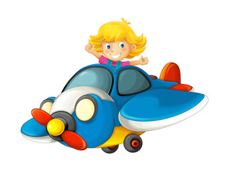 Wall Mural - cartoon happy scene with kid in toy traditional plane with propeller flying - illustration for children