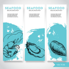 Wall Mural - Seafood banner with watercolor blue background and hand drawn food. Sketch fresh shrimp, oyster and mussel shell. restaurant and fish market template. Vector illustration.