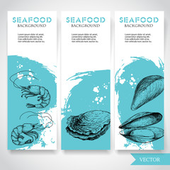 Wall Mural - Seafood banner with watercolor blue background and hand drawn food. Sketch fresh shrimp, oysters and mussel shell. Restaurant and fish market template. Vector illustration.