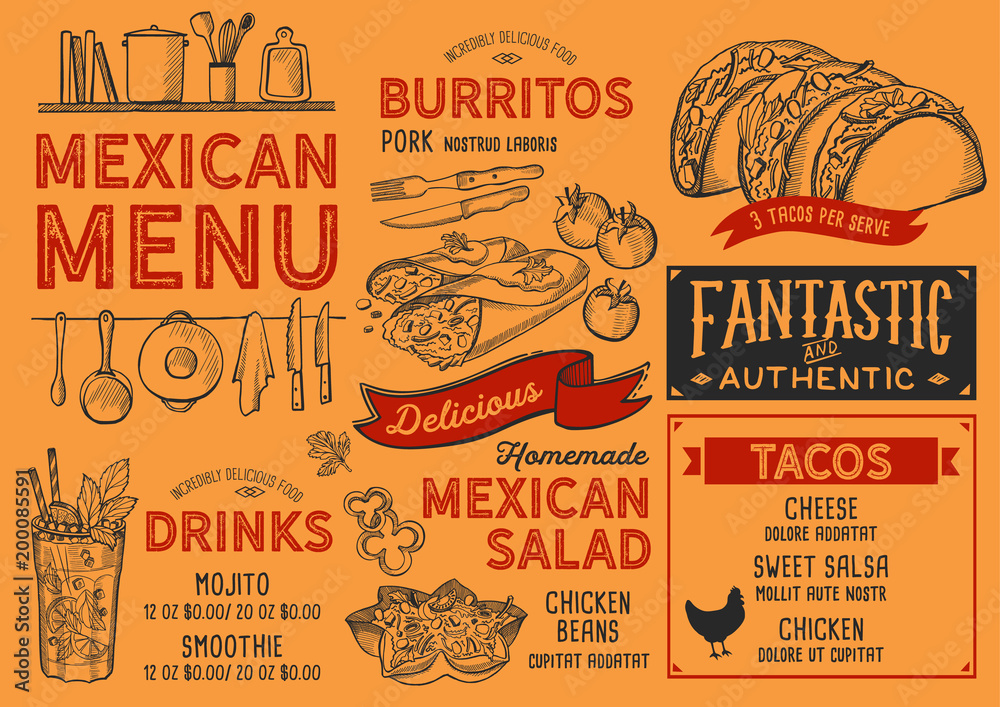 Mexican restaurant menu. Vector food flyer for bar and cafe. Design ...